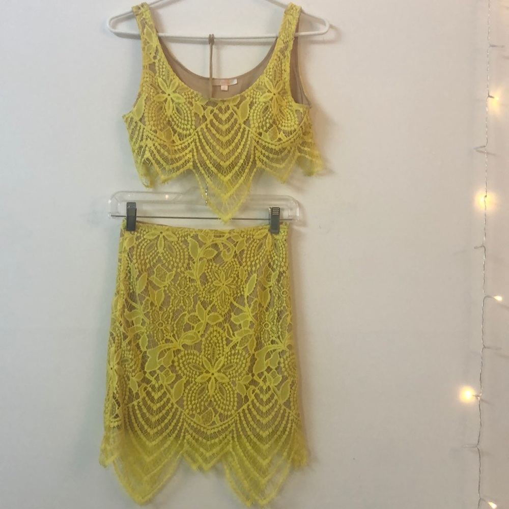 Yellow Lace Two Piece Nude Crop Top Skirt Set - Small